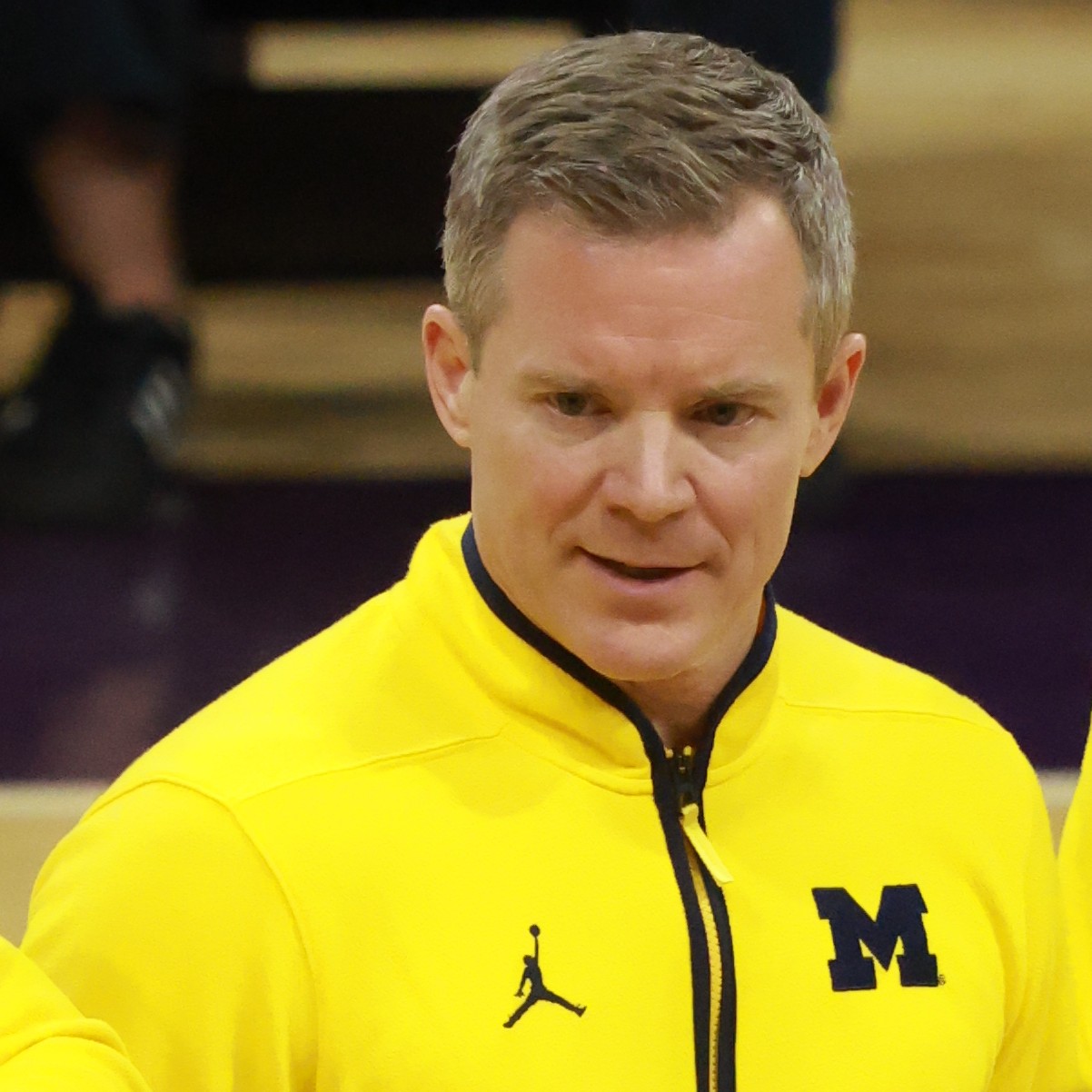 Dusty May in Michigan apparel during a timeout on February 11, 2026